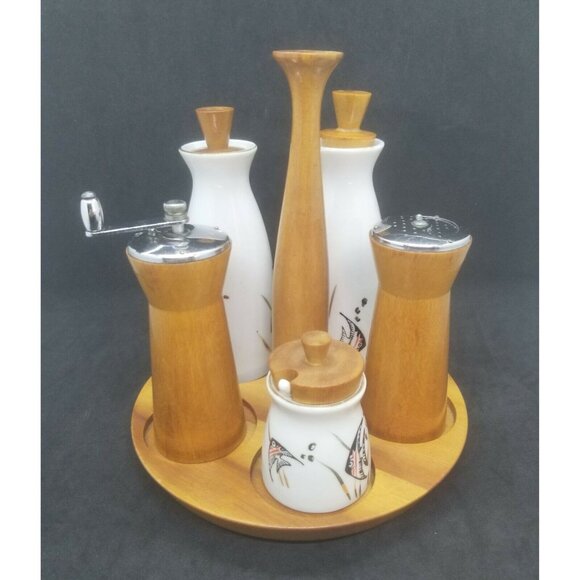 Woodpecker WoodWare Condiment Caddy Angel Fish Cruet Set Mid Century - Picture 4 of 12